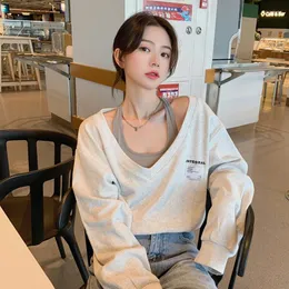 여성용 후드 Palsu dua 까마귀 Pakaian Wanita Lengan Panjang V-Neck Kasual Fashion Y2K Atasan 2023 Ropa Mujer Off Shoulder Korea Kaus