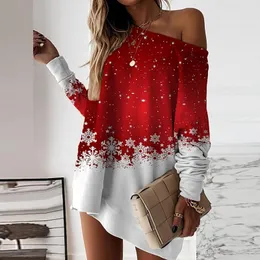 Women's Hoodies Christmas Snowflake Print Patchwork Women Sweatshirt Spring Sexy Off Shoulder Long Top Pullover Autumn Sleeve Loose