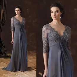 Grey Mother Of The Bride Dresses Half Sleeves A-Line V-Neck Empire Waist Mother Groom Dress Floor-Length Chiffon Evening Gowns