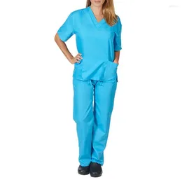 女性の2ピースパンツユニフォームVネック看護サロンスパペットグルーミング施設オーバーオンソリッドカラー半袖スーツ