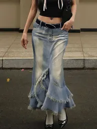 Taruxy High Otając plisowane spódnice kobiety Tassel Slim Summer Street długie spódnice Femme Kolor blok mody dżinsowa kobieta