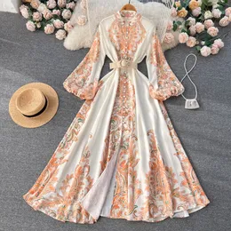 Autumn New Vintage Palace Style Printed Lantern Sleeves Standing Neck Single breasted High Waist Large Swing Dress
