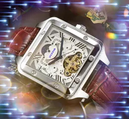 Square Roman Tank Moon Sun Dial Men Watch Full Mechanical Mechanical Stali Stal Stal Skórzany Pasek Automatyczny Ruch Business Busines
