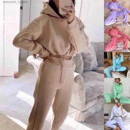 Women's Tracksuits Spring Autumn Women 2pc Hoodie Set Long Sleeve Solid Casual Drstring Pullover Suit Elastic Pants Fe Tracksuit Sportswear L230925