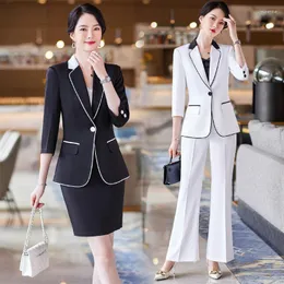 Women's Two Piece Pants Half Sleeve Commute Slim-Fit Suit Skirt Work Clothes White Professional El Uniform Collar Business