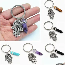 Key Rings Fashion Crystal Chains Jewelry Accessories Natural Stone Antique Symbol Evil Eye Fatima Hand Pendant Keychains Bag Car Drop Dhxdo