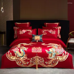 寝具セットLoong Phoenix Flowers Embroidery Set Luxury Chinese Wedding Red Jacquard Satin Cotton Cover Bed Bed Sheet Pillowcases