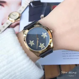 Relojes de marca de moda para mujer señora chica estrella de cinco puntas estilo abeja correa de cuero reloj de pulsera de cuarzo G78241h