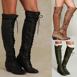 Stiefel Winter Western Armee Grün Leder Wildleder Frau Quadratische Absätze Spitze Zehen Kniehohe Schnürung Lange Ritter Lady Cowboy Botas