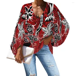 البلوزات النسائية الخريف النساء شيفون فضفاضة طويلة الأكمام الطويلة بولينيزية الجزر القبلية الملابس ساموا هاواي قميص الطباعة الأحمر 2023
