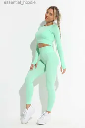 Trajes de mujer 2 unids deportes traje de yoga gimnasio mujeres corriendo deportes deportes de manga larga polainas ropa deportes al aire libre traje de ocio L230925