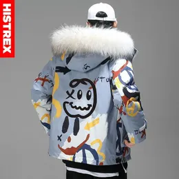 Męski pad Parkas Histrex Down Parka Men Men z kapturem kreskówkowy nadruk Y2K Korean Hip Hop Winter Gruby Męskie kurtki parkas płaszcz warstwowy 230926