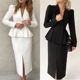 Dwuczęściowa sukienka Blazer sukienka w eleganckich falbanach podzielony stały kolor długi rękawie Szczupły Szczupły spódnica biura Blazer Set 2309926