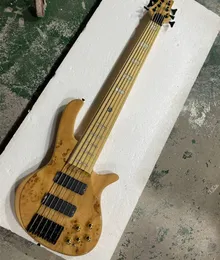 6 Strings Fretless Natural Wood Color Electric Bass Guitar with Burl Veneer Offer Logo/Color Customize