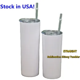 USA Stock Sublimazione Bicchieri skinny DRITTI da 15 once con coperchio in plastica Cannuccia Vuoto isolato a doppia parete in acciaio inossidabile W226S