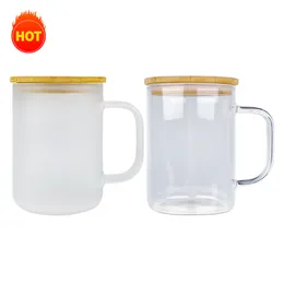 Wholesale Bulk 17oz Blank Sublimation Crystal Clear Frosted High Borosilicate Glass Coffee Tea Milk Beer Mugs with Bamboo Lids and Straws Suitable for Vinyl