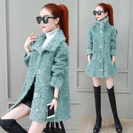 レディースウールラムコート女性2023年韓国ファッション秋と冬のミッドレングスの粒状ベルベットティックウォームジャケット女性