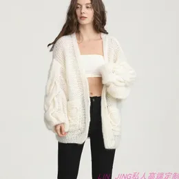 Kvinnors stickor Tees Handwoven virkning Mohair Loose Slouch Straight Style Cardigan Coat Tröja Kvinna 230925