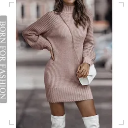 Basic Casual Dresses Vintage Winter Knitted Dress Ladies Chic Turtleneck Lantern Long Sleeve Mini Sweater Dresses for Women Arrival Clothes 230926