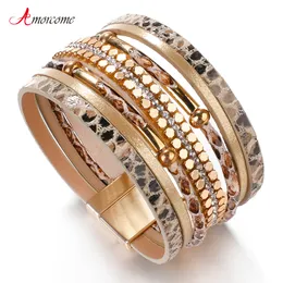 Bangle Amorcome Snakeskin Pattern Leather Bracelets for Women Trendy Metal Pipe Wide Multilayer Wrap Bracelet Female Jewelry Wholesale 230926