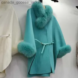 Women's Wool Blends Blue Loose Wool Blended Women Coat With Real Fox Fur and Fox Fur Cuff Female Fashion Cashmere Oversized Jacket OutwearL230926