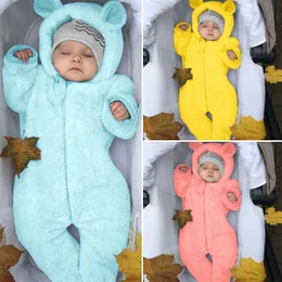 Pyjamas född baby romper vinter fleece jumpsuit spädbarn flicka pojke björn öron fot huva kappa häll enfanter 230925
