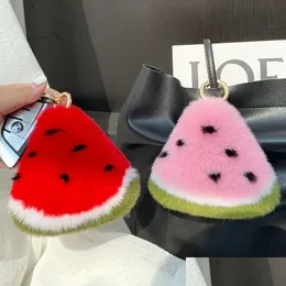 Keychains Lanyards Rabbit Hair Fruit Watermelon Key Chain Korea High Quality Shape For Leather Bag Decoration Accessories Drop Deliver Dhogc
