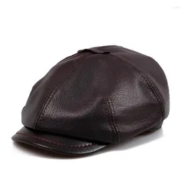 Berets moda masculino couro gastby chapéu homens octogonal boina outono inverno britânico bonés retro pele de carneiro sboy boina pintor gorras