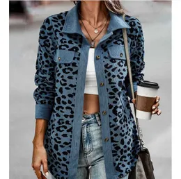 Kvinnors jackor kvinnor mode lapel krage sexiga flickor kläder höst vintage leopard tryck topp ytterkläder damer stativ fickrockar