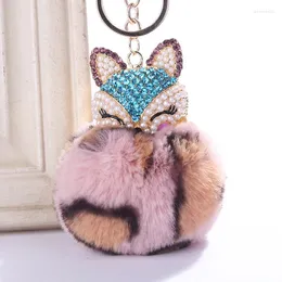 Keychains 16 Colors Cute Crystal Faux Fur Pompom Keychain Trinkets Solid Color Leopard Key Ring Kids Toy Bags Car Jewelry Pendants