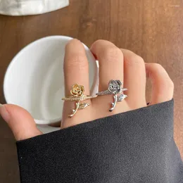 Cluster Rings Korean Fashion Cubic Zirconia Rose Flower Opening Adjustable For Women Trendy Golden Copper Ring Party Jewelry Gifts