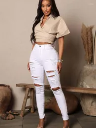 Women's Jeans Solid Color Ripped Denim Pants For Ladies High Waist Button Up Bodycon Stretchy Long Distressed With Multi Pockets