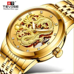 Tevise Luxury Golden Dragon Design Mens Watches Rostfritt stål skelett Automatiskt mekanisk klocka Vattentät hane Clock298g