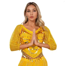 Stage Wear Bollywood Princess Tops Women Ladies Belly Dance Costume Self-tie Back Irregular Hem Crop Top Mesh Long Sleeve Shirts