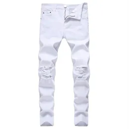 Men's Jeans Solid White Ripped Men 2021 Classic Retro Mens Skinny Brand Elastic Denim Pants Trousers Casual Slim Fit Pencil P200v