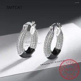 Hoop Earrings Moissanite Diamond 925 Sterling Silver For Women White /Black Enamel Fashion Round Ear Fine Jewelry
