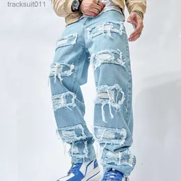 Herr jeans 2023 enkla snygga män rippade lapp hip hop lossa jeans byxor streetwear raka denim byxor l230926