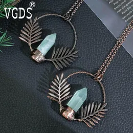 Hänge halsband naturliga kristallpelare grön fluorit hexagonal kolonn män brons blad helande sten charm smycken hängen för kvinnor