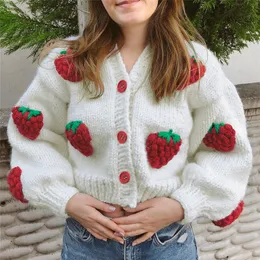 Kvinnors tröjor Autumn Strawberry Kinted Long Sleeve Loose Single Breasted Coat Women Autumn Fashion Thicken Warm Cardigan tröja Streetwear