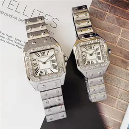 Out Bling Diamonds Ring Watches for Men Women Hip Hop Square Roman Dial Designer Mens Quartz Watch Stainless Steel Band W280y