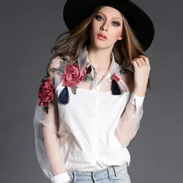 Женские блузки Рубашки Женская мода Blusas Элегантная рубашка из органзы с цветочной вышивкой и длинным рукавом Блузка Повседневные топы размера плюс S-3XL 230923