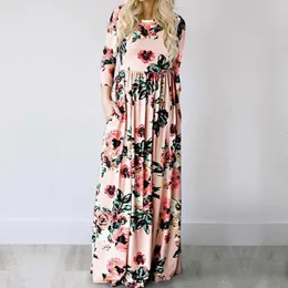 Podstawowe sukienki swobodne Summer Maxi sukienka Kobiety różowy kwiatowy nadruk boho plażowy sukienka damskie wieczorne impreza długa sukienka sundress de festa 3xl 230926