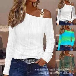 Women's T Shirts Sexy Print Off Shoulder Spaghetti Strap Slash Neck T-shirt Top Long Sleeve Pullover Patchwork