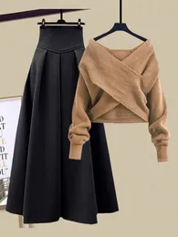Two Piece Dress Autumn Winter Skirt Sets For Women Outfits Korean Casual Knitwears Pullover Sweater And High Waist Skirts 230925