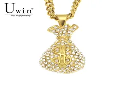 UWIN STANLES STEEL DOLLAR SIGON PRUSE GOLD COINS MONEY BAG BAG PENDANT RHINESTONE CHARMS ICED OUT NECTLACE HIP HOP 2010144985892