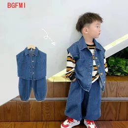 Комплекты одежды, корейский осенний детский костюм для мальчика, весна 2023, детская верхняя одежда, детский жилет, повседневный джинсовый жилет, джинсы, комплект из двух предметов 230926