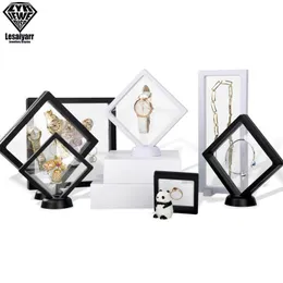 Caixas de jóias Caixa de armazenamento de filme PE Caixa de embalagem 3D Gemstone Free Stand Floating Frame Membrane Ring Brincos Colar Display Holder 230926