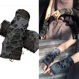 Pięć palców rękawiczki gotyckie czarne palec długie rękawiczki punkowe dziura pół palców rękawiczki ramię wbrzeż żebrak cosplay Halloween Akcesoria 230926