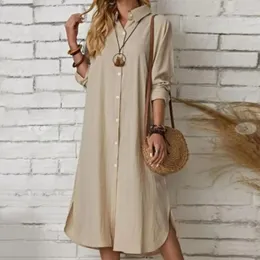 Casual Dresses Women Short Sleeve Dress Loose Waistline Elegant Ladies' Cotton Linen Long Button Placket For Summer