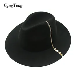 Berets Cool Black Zipper Fedora Vintage Women Ladies Flopy Wide Brim Wool Felded Fedora Cloche Hat Cap 230926